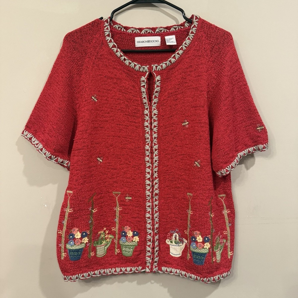 Vintage Sharon Young Red Garden‎ Floral Bees Short Sleeve Cardigan Large Cottage